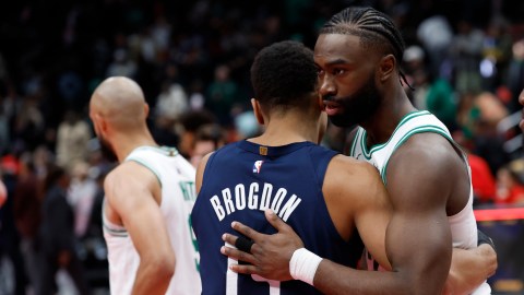 Boston Celtics guard Jaylen Brown and Washington Wizards guard Malcolm Brogdon