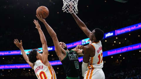 Boston Celtics forward Jayson Tatum and Atlanta Hawks teammates Onyeka Okongwu and Zaccharie Risacher