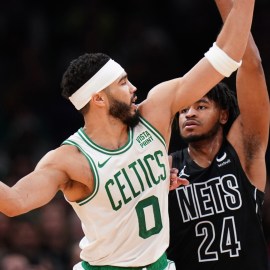 Boston Celtics Jayson Tatum and Brooklyn Nets guard Cam Thomas