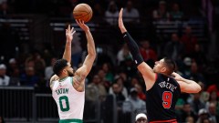 Boston Celtics forward Jayson Tatum and Chicago Bulls center Nikola Vucevic