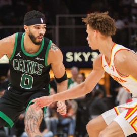 Boston Celtics forward Jayson Tatum and Atlanta Hawks guard Dyson Daniels