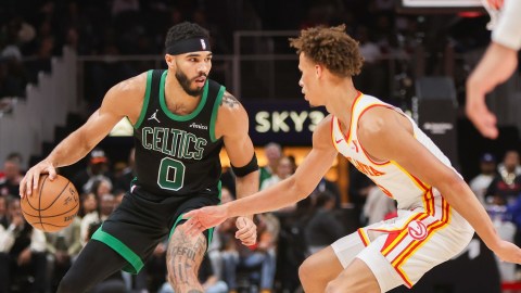 Boston Celtics forward Jayson Tatum and Atlanta Hawks guard Dyson Daniels