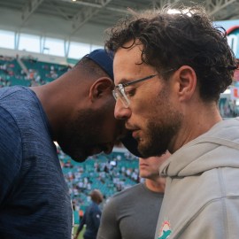 New England Patriots head coach Jerod Mayo and Miami Dolphins head coach Mike McDaniel