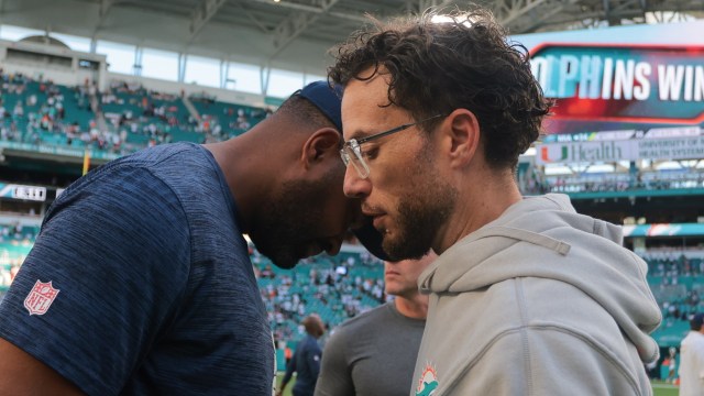 New England Patriots head coach Jerod Mayo and Miami Dolphins head coach Mike McDaniel