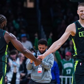 Boston Celtics teammates Kristaps Porzingis and Jaylen Brown