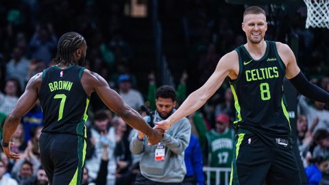 Boston Celtics teammates Kristaps Porzingis and Jaylen Brown