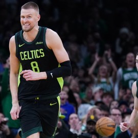 Boston Celtics teammates Kristaps Porzingis and Payton Pritchard