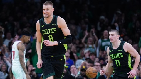 Boston Celtics teammates Kristaps Porzingis and Payton Pritchard