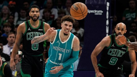 Charlotte Hornets guard LaMelo Ball and Boston Celtics teammates Jayson Tatum and Derrick White