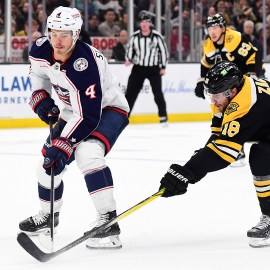 Boston Bruins forward Pavel Zacha, Columbus Blue Jackets forward Cole Sillinger