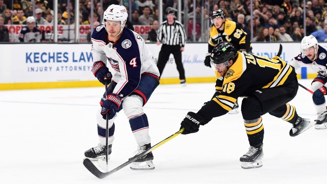 Boston Bruins forward Pavel Zacha, Columbus Blue Jackets forward Cole Sillinger