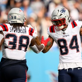 New England Patriots wide receiver Kendrick Bourne and running back Rhamondre Stevenson