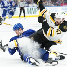 Bruins center Mark Kastelic Maple Leafs center Steven Lorentz