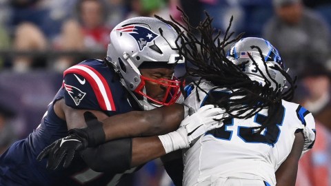 New England Patriots offensive tackle Caedan Wallace, Carolina Panthers linebacker Luiji Vilain