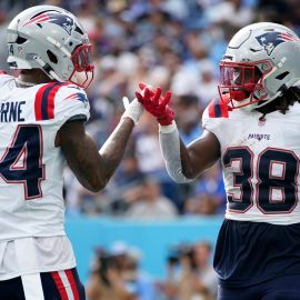 New England Patriots wide receiver Kendrick Bourne and running back Rhamondre Stevenson