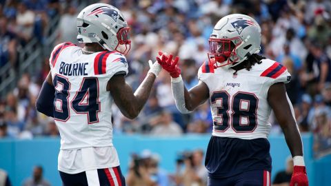 New England Patriots wide receiver Kendrick Bourne and running back Rhamondre Stevenson