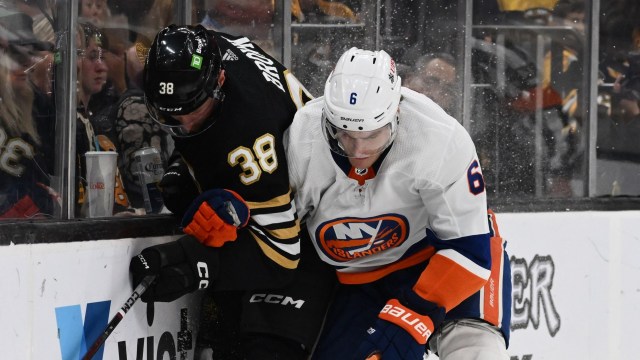 Boston Bruins forward Patrick Brown, New York Islanders defenseman Ryan Pulock