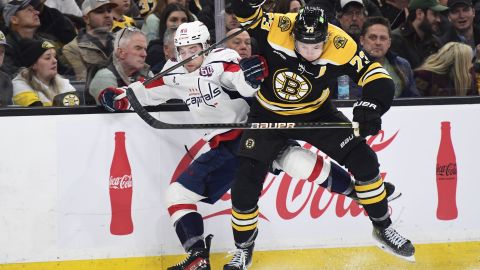 Washington Capitals forward Andrew Mangiapane and Boston Bruins defenseman Charlie McAvoy