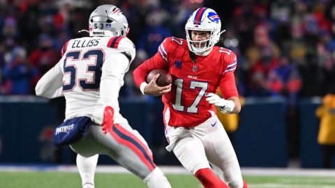 New England Patriots linebacker Christian Elliss and Buffalo Bills quarterback Josh Allen