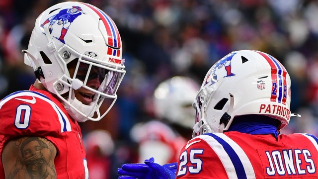 New England Patriots cornerbacks Christian Gonzalez and Marcus Jones