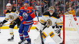 Boston Bruins goaltender Jeremy Swayman and defenseman Brandon Carlo, Edmonton Oilers forward Connor McDavid