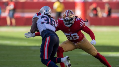 New England Patriots running back Rhamondre Stevenson and San Francisco 49ers linebacker De'Vondre Campbell