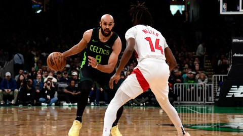 Boston Celtics guard Derrick White and Toronto Raptors guard Ja'Kobe Walter