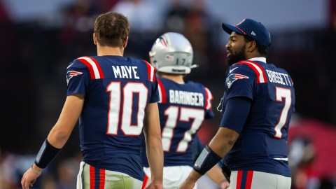 New England Patriots quarterbacks Drake Maye and Jacoby Brissett