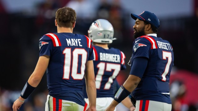 New England Patriots quarterbacks Drake Maye and Jacoby Brissett