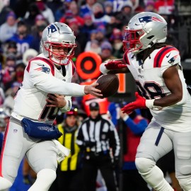 New England Patriots quarterback Drake Maye and running back Rhamondre Stevenson