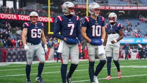 New England Patriots quarterbacks Jacoby Brissett and Drake Maye