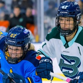 Boston Fleet forward Jamie Lee Rattray and Toronto Sceptres forward Emma Maltais