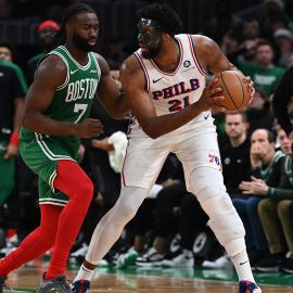 Boston Celtics guard Jaylen Brown and Philadelphia 76ers forward Joel Embiid