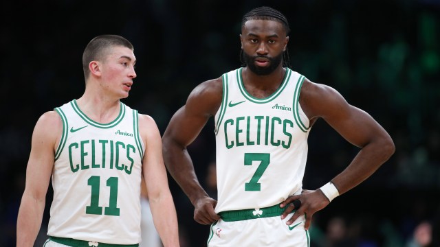 Boston Celtics guard Payton Pritchard and forward Jaylen Brown