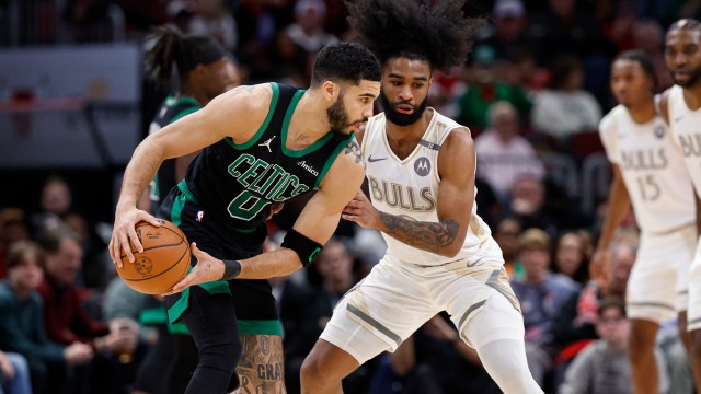 Boston Celtics forward Jayson Tatum and Chicago Bulls guard Coby White