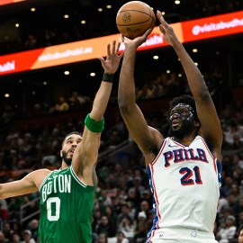 Boston Celtics forward Jayson Tatum and Philadelphia 76ers center Joel Embiid