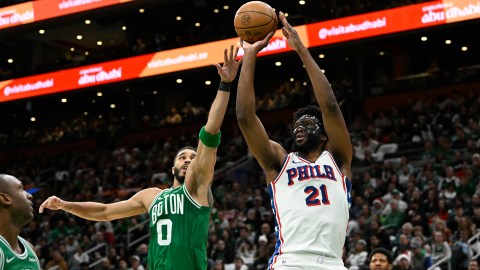 Boston Celtics forward Jayson Tatum and Philadelphia 76ers center Joel Embiid