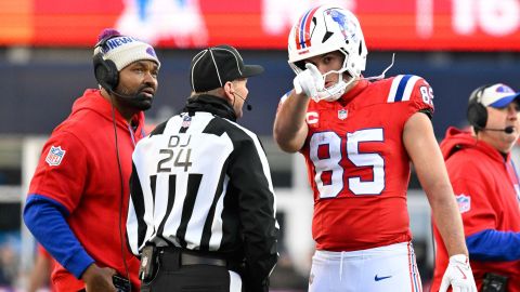 New England Patriots head coach Jerod Mayo and tight end Hunter Henry