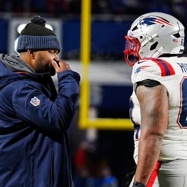 New England Patriots head coach Jerod Mayo, offensive lineman Layden Robinson