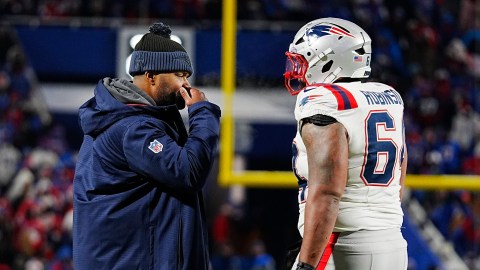 New England Patriots head coach Jerod Mayo, offensive lineman Layden Robinson