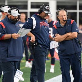 Former New England Patriots offensive line coach Matt Patricia, offensive assistant Joe Judge, head coach Bill Belichick