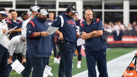 Former New England Patriots offensive line coach Matt Patricia, offensive assistant Joe Judge, head coach Bill Belichick