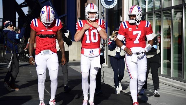 New England Patriots quarterbacks Joe Milton, Drake Maye and Jacoby Brissett