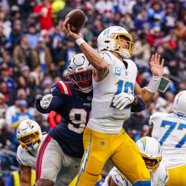 New England Patriots defensive end Keion White, Los Angeles Chargers quarterback Justin Herbert