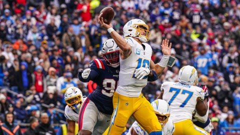 New England Patriots defensive end Keion White, Los Angeles Chargers quarterback Justin Herbert