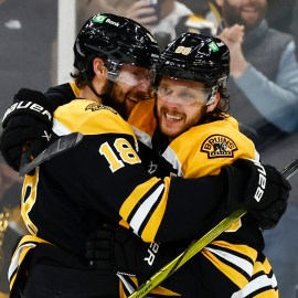 Boston Bruins forwards Pavel Zacha and David Pastrnak