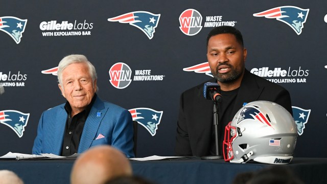 New England Patriots owner Robert Kraft and head coach Jerod Mayo