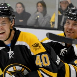 Former Boston Bruins players Tuukka Rask and P.J. Stock