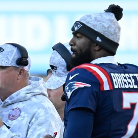 New England Patriots offensive coordinator Alex Van Pelt, quarterback Jacoby Brissett