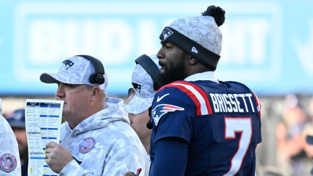 New England Patriots offensive coordinator Alex Van Pelt, quarterback Jacoby Brissett